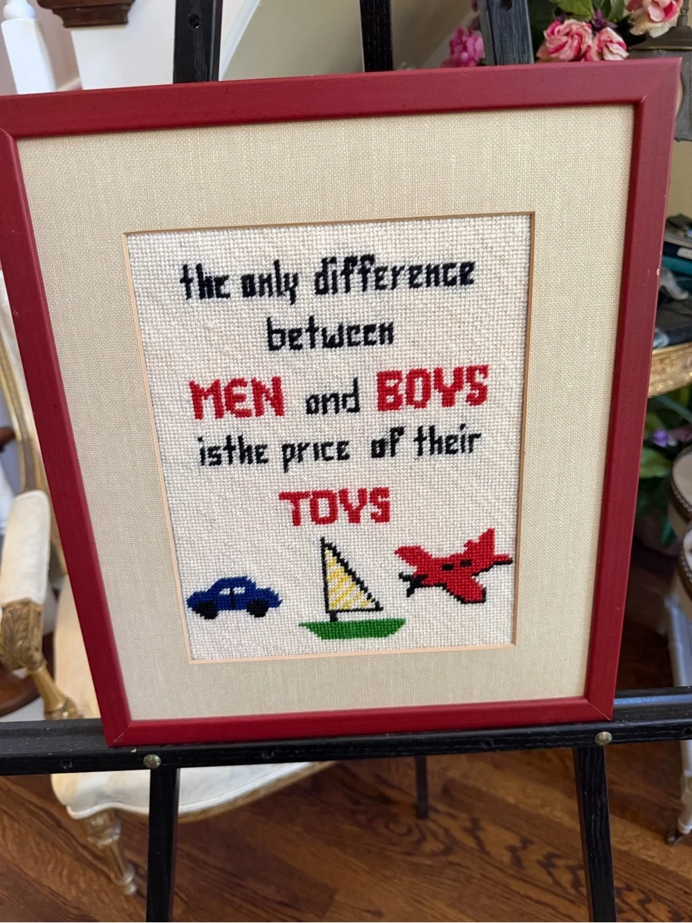Framed Cross-Stitch Art - Men & Their Toys Red Frame, Multi-Color